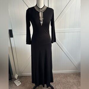 NWT Label Ritu Kumar Black Embellished Maxi Dress Boho Luxe Beaded Neck Size 3